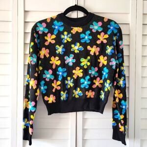 𝅺A-LAB Retro‎ Floral Black Crewneck Sweater Size S Kidcore Maximalist Playful
